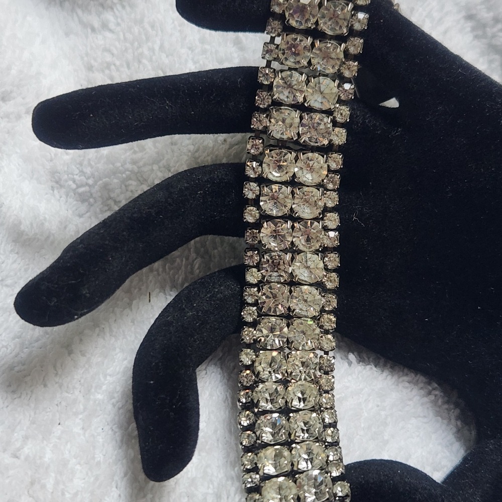 Vintage Four Row Clear Rhinestone Silver Tone Bracelet Formal Bridal Statement - Picture 6 of 13